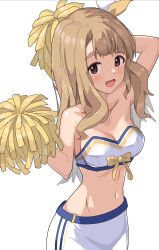 Rule 34 | 1girl, alternate costume, blush, breasts, brown eyes, brown hair, cheerleader, cleavage, collarbone, commentary request, ebifu, highres, idolmaster, idolmaster million live!, looking at viewer, medium breasts, miyao miya, navel, open mouth, pom pom (cheerleading), simple background, solo, thick eyebrows, white background
