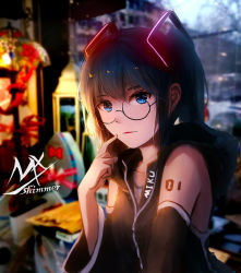 Rule 34 | backlighting, black shirt, blouse, blue eyes, blue hair, blurry, character name, day, depth of field, glasses, glowing, hatsune miku, highres, indoors, long hair, outdoors, shimmer, shirt, sleeveless, sleeveless shirt, solo, vocaloid