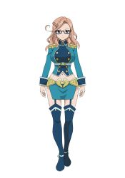 Rule 34 | 1girl, breasts, earrings, fairy tail, garter straps, glasses, jewelry, karameel, large breasts, long hair, midriff, navel, official art, solo, thighhighs, uniform