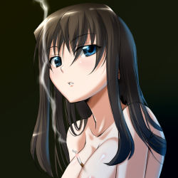 Rule 34 | 00s, 1girl, between breasts, black hair, blue eyes, breasts, brown hair, cigarette, elizabeth f. beurling, large breasts, long hair, nomal, smoke, solo, strike witches, strike witches: suomus misfits squadron, topless, world witches series
