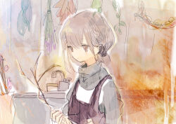 Rule 34 | 1girl, apron, black apron, blush, braid, closed mouth, expressionless, faucet, grey eyes, grey hair, grey sweater, holding, holding plant, kazuka, long sleeves, original, overalls, plant, potted plant, scarf, shirt, sketch, solo, sweater, upper body