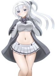 Rule 34 | 1girl, adapted costume, coat, coat on shoulders, crop top, elbow gloves, feet out of frame, gloves, grey coat, grey eyes, headband, highres, kantai collection, midriff, one-hour drawing challenge, one side up, pleated skirt, redundant-cat, simple background, skirt, solo, suzutsuki (kancolle), thigh gap, white background, white gloves, white hair, white headband, white skirt