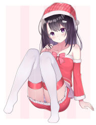 Rule 34 | 1girl, bad id, bad pixiv id, bare shoulders, black hair, blush, bow, christmas, collarbone, commentary request, detached sleeves, dress, hair ornament, hairclip, highres, long hair, long sleeves, looking at viewer, nagisa (cxcx5235), no shoes, original, panties, purple eyes, red bow, red headwear, red sleeves, santa dress, solo, thighhighs, underwear, white thighhighs