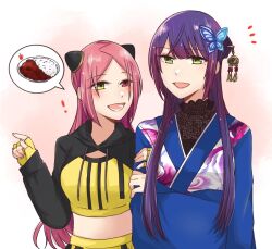 Rule 34 | !, 2girls, arm hug, assault lily, blue kimono, blush, braid, butterfly hair ornament, commentary, crop top, crossed arms, curry, curry rice, drawstring, floral print, food, funada kiito, gradient background, green eyes, hair bun, hair ornament, hairpods, hands up, heterochromia, hood, hood down, japanese clothes, kimono, long hair, long sleeves, looking at another, looking to the side, lower teeth only, midriff, mole, mole under eye, multiple girls, nigari (ngari 0115), notice lines, official alternate costume, official alternate hairstyle, open mouth, parted bangs, pink background, pointing, pointing to the side, print kimono, purple hair, red eyes, red hair, rice, shiba tomoshibi, shirt, shrug (clothing), side-by-side, side braid, sideways glance, single braid, single side bun, skirt, sleeves past wrists, smile, speech bubble, spoken object, standing, teeth, upper body, very long hair, white background, wide sleeves, yellow shirt, yellow skirt