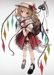 Rule 34 | 1girl, absurdres, adapted costume, backpack, bag, blonde hair, bow, expressionless, flandre scarlet, gradient background, grey background, highres, looking at viewer, ougiikun, rainbow wings, randoseru, red bow, red eyes, red shirt, red skirt, shirt, skirt, solo, touhou, white headwear
