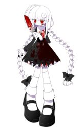 Rule 34 | 1girl, black bow, black dress, black footwear, black nails, blood, blood on clothes, blood on face, bloody clothes, bloody dress, bloody knife, bloody weapon, bow, braid, colored skin, dress, earrings, funamusea, funamusea (artist), ghost, ghost hair ornament, gothic lolita, hair bow, hair ornament, highres, holding, holding knife, holding weapon, indie virtual youtuber, jewelry, knife, lolita fashion, mochiko (funamusea), nail polish, official art, red eyes, sandals, socks, solo, stitched hand, stitched leg, stitches, transparent background, weapon, white hair, white skin