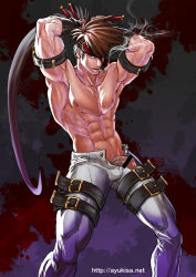 Rule 34 | 1boy, abs, armpits, ayukisa, bad id, bad pixiv id, bar censor, bara, brown hair, censored, cigarette, feet out of frame, guilty gear, headband, large pectorals, long hair, male focus, muscular, muscular male, navel, nipples, pants, pectorals, penis, penis peek, ponytail, smoking, sol badguy, solo, spiked hair, topless male, white pants