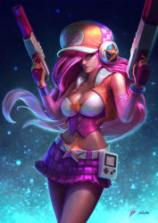Rule 34 | 1girl, alternate costume, arcade miss fortune, arm warmers, bangle, belt, big hair, blue background, blue eyes, bracelet, breasts, buttons, cabbie hat, cameo, cassio yoshiyaki, cleavage, collaboration, corset, cowboy shot, creatures (company), crop top, cropped vest, dual wielding, earmuffs, floating hair, game boy, game boy (original), game freak, gradient hair, gun, hair ornament, hair over one eye, hairclip, handgun, handheld game console, hat, highres, holding, holding gun, holding weapon, jewelry, large breasts, league of legends, light gun, light purple hair, lips, long hair, looking at viewer, midriff, miniskirt, miss fortune (league of legends), multicolored hair, nail polish, narrow waist, navel, nintendo, nose, one eye covered, patricia kelen, pink hair, pink nails, pink theme, pokemon, purple skirt, signature, skirt, solo, standing, star (symbol), tan, trigger discipline, vest, weapon
