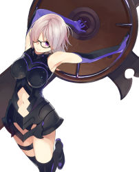 Rule 34 | 1girl, armor, blue gloves, breasts, elbow gloves, fate/grand order, fate (series), glasses, gloves, hair over one eye, looking at viewer, mash kyrielight, navel, purple eyes, purple hair, sasamori tomoe, shield, short hair, simple background, solo, white background
