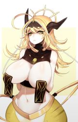 Rule 34 | 1girl, ahoge, arms behind back, blonde hair, breast curtains, breasts, breasts out, closed mouth, commentary, cowboy shot, english commentary, green eyes, halo, highres, horns, huge breasts, lamia, long hair, looking at viewer, monster girl, navel, original, pale skin, slit pupils, snek (terupancake), solo, stitched, terupancake, third-party edit, yellow background