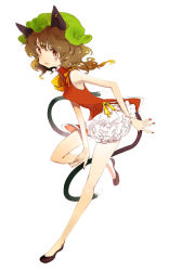 Rule 34 | 1girl, animal ears, bare legs, bare shoulders, brown eyes, brown hair, cat ears, cat girl, cat tail, chen, female focus, frills, gathers, hat, high heels, legs, multiple tails, nail polish, no socks, pumps, simple background, skinny, solo, tail, touhou, yukizen