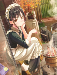 Rule 34 | 1girl, aiuabo, animal, apron, autumn leaves, black hair, bonsai, brown eyes, cat, chopsticks, commentary, cooking, fish, grill, grilling, highres, holding, holding chopsticks, long hair, maid, maid apron, maid headdress, original, outdoors, pout, shichirin, sitting, sweatdrop, too many, too many cats