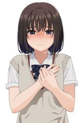 Rule 34 | 1girl, artist name, blue eyes, blush, bob cut, bow, bowtie, brown hair, embarrassed, hand over heart, hands on own chest, mattaku mousuke, original, school uniform, short hair, simple background, solo, sweater vest, upper body, watermark, white background