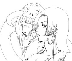 Rule 34 | 1girl, amazon lily, animal, boa hancock, breasts, cleavage, earrings, fangs, female focus, highres, horns, jewelry, long hair, looking at viewer, monochrome, one piece, outline, pet, salome (one piece), simple background, skull, snake, solo, upper body, white background