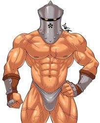 Rule 34 | 1boy, abs, bara, briefs, bulge, chrono cross, cowboy shot, grey male underwear, helmet, highres, large pectorals, looking at viewer, male focus, male underwear, muscular, muscular male, navel, nipples, pectorals, scar, scar on chest, scar on leg, shirako (kirupi), solo, stomach, thick thighs, thighs, topless male, underwear, underwear only, vambraces, veins, zoah
