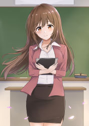 Rule 34 | 1girl, absurdres, blush, book, breasts, brown hair, classroom, closed mouth, formal, highres, holding, holding book, io (princess connect!), io (real) (princess connect!), large breasts, long hair, looking at viewer, orange eyes, pencil skirt, petals, princess connect!, skirt, smile, tagme, teacher, yanazawa ko