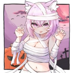 Rule 34 | 1girl, :p, ame to ame, animal ear fluff, animal ears, bandages, breasts, cat ears, cat girl, claw pose, cross, halloween, highres, hololive, large breasts, mummy costume, naked bandage, nekomata okayu, pumpkin, purple eyes, purple hair, short hair, tongue, tongue out, virtual youtuber