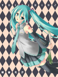 Rule 34 | 1girl, aqua hair, aqua necktie, argyle, argyle background, argyle clothes, black thighhighs, blouse, character name, collared shirt, copyright name, detached sleeves, frilled shirt, frills, grey shirt, hair between eyes, hatsune miku, head tilt, headset, holding, long hair, looking at viewer, necktie, open mouth, pleated skirt, ryo (botugo), shirt, shoulder tattoo, skirt, sleeveless, sleeveless shirt, solo, spring onion, tattoo, thighhighs, twintails, vocaloid, zettai ryouiki