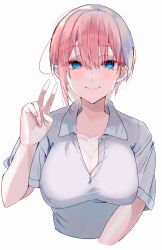 Rule 34 | 1girl, absurdres, asymmetrical hair, blue eyes, breasts, cleavage, closed mouth, collared shirt, commentary request, cropped torso, earrings, fingernails, go-toubun no hanayome, hair between eyes, hand up, highres, jewelry, large breasts, looking at viewer, nakano ichika, nununu (nununu386), pink hair, shirt, short hair, single earring, smile, solo, stud earrings, upper body, v, white background, white shirt