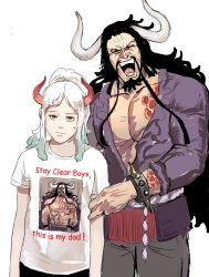 Rule 34 | 1boy, 1girl, aged down, alternate breast size, arm tattoo, arms at sides, artist request, black hair, chest tattoo, contemporary, english text, facial hair, father and daughter, grey horns, highres, horns, kaidou (one piece), laughing, long hair, muscular, mustache, one piece, orange horns, parody, photo-referenced, ponytail, print shirt, shirt, simple background, size difference, tattoo, very long hair, white hair, yamato (one piece)