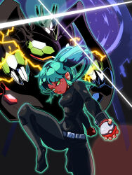 1girl 2049_(hh5566) ahoge aqua_eyes aqua_hair belt black_bodysuit bodysuit boots bracelet breasts character_request clenched_hands creatures_(company) feet_up female_focus fighting_stance fingernails floating_hair game_freak gen_6_pokemon grey_footwear highres holding holding_poke_ball jewelry knee_boots legendary_pokemon long_hair looking_at_viewer matching_hair/eyes medium_breasts night night_sky nintendo parted_lips poke_ball pokemon ponytail serious sidelocks size_difference sky sparkle standing standing_on_one_leg v-shaped_eyebrows zygarde zygarde_(complete)