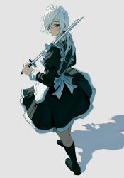 Rule 34 | 1girl, alternate costume, black dress, black eyes, black footwear, black socks, chainsaw man, closed mouth, dress, enmaided, eyepatch, grey background, hair over one eye, highres, holding, holding sword, holding weapon, juliet sleeves, katana, lips, long hair, long sleeves, looking at viewer, maid, maid headdress, ms tsukii, one eye covered, pink lips, ponytail, puffy sleeves, quanxi (chainsaw man), shadow, shoes, simple background, socks, solo, sword, weapon, white hair