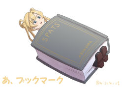 Rule 34 | 1girl, :d, abukuma (kancolle), blonde hair, blue eyes, book, book focus, bookmark, double bun, hair rings, kantai collection, misumi (niku-kyu), open mouth, pun, simple background, smile, solo, translated, twintails, v-shaped eyebrows, white background