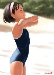 Rule 34 | 1girl, artist logo, beach, black hair, blue one-piece swimsuit, blurry, breasts, clip studio paint (medium), closed eyes, commentary request, competition school swimsuit, cowboy shot, day, depth of field, hairband, highres, mu-pyon, one-piece swimsuit, original, outdoors, pink hairband, school swimsuit, shirt, short hair, small breasts, solo, stretching, swimsuit, tan, tanline, twitter username