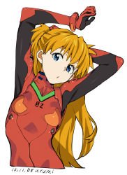 Rule 34 | 1girl, :o, arm behind head, armpits, arms up, baba arumi, blue eyes, bodysuit, bracer, breasts, cropped torso, dated, gloves, hair ornament, leaning, long hair, looking at viewer, neon genesis evangelion, open mouth, orange hair, pilot suit, plugsuit, signature, simple background, small breasts, solo, souryuu asuka langley, stretching, turtleneck, two side up, upper body, very long hair, white background