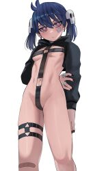 Rule 34 | 1girl, :&lt;, absurdres, arms behind back, bandaid, bandaid on face, belt, black choker, black jacket, black nails, black straps, blue hair, bright pupils, choker, cowboy shot, cropped jacket, earrings, eyelashes, hair between eyes, hair ornament, highres, holding own arm, jacket, jewelry, ji-yoon (jourd4n), jitome, jourd4n, long sleeves, looking at viewer, looking down, multiple rings, nail polish, navel, original, ring, simple background, skindentation, skull hair ornament, solo, thigh strap, twintails, white background, white pupils