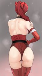 Rule 34 | 1girl, absurdres, bare back, bare shoulders, bow, detached sleeves, from behind, hair bow, highres, long hair, nero watch, persona, persona 5, persona 5 the royal, ponytail, red hair, red thighhighs, shiny skin, solo, thighhighs, yoshizawa kasumi