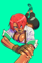 Rule 34 | 1girl, ankle boots, ass, back, bell-bottoms, belt, black pants, blush, boots, breasts, brown belt, brown gloves, brown lips, cleavage, dark-skinned female, dark skin, downblouse, fingerless gloves, fingernails, foreshortening, giovanna (guilty gear), gloves, green background, green eyes, green footwear, groove1121, guilty gear, guilty gear strive, hair over one eye, huge ass, invisible floor, large breasts, looking at viewer, lying, on stomach, pants, partially unbuttoned, red hair, selfie, shirt, short hair, sleeves pushed up, smile, solo, suspenders, the pose, tight clothes, tight pants, very dark skin, white shirt