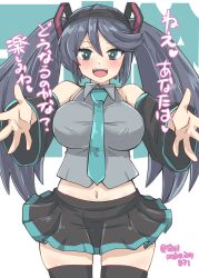 Rule 34 | 1girl, aqua necktie, black hair, black sleeves, blue eyes, blush, breasts, cosplay, detached sleeves, grey shirt, hair ribbon, hairband, hatsune miku, hatsune miku (cosplay), headset, highres, isuzu (kancolle), kantai collection, kitahama (siroimakeinu831), large breasts, long hair, looking at viewer, necktie, open mouth, ribbon, shirt, smile, solo, thighhighs, tied ears, twintails, twitter username, very long hair