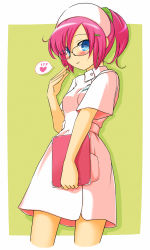 Rule 34 | 1girl, akatsuki (akatsukishiki), akatsuki (artist), blue eyes, glasses, green background, highres, nurse, pink hair, solo
