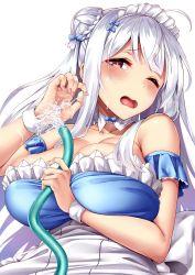 Rule 34 | 1girl, 3104 (3104milkshake), ahoge, alternate costume, apron, azur lane, bare shoulders, blush, bow, braid, breasts, choker, cleavage, collarbone, cygnet (an offer to be maid) (azur lane), cygnet (azur lane), detached sleeves, double bun, dress, frills, hair bow, hair bun, hair ornament, hand up, highres, holding, holding hose, hose, large breasts, long hair, looking at viewer, maid, maid headdress, nail polish, one eye closed, open mouth, pink nails, purple eyes, sidelocks, solo, strapless, strapless dress, upper body, water, wet, white hair