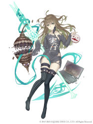Rule 34 | 1girl, absurdres, aqua eyes, aqua hair, asymmetrical legwear, birdcage, broken computer, brown hair, cage, cake, colored inner hair, computer, energy spear, food, full body, gretel (sinoalice), highres, ji no, laptop, long hair, looking at viewer, male focus, mask, mask pull, messy hair, mismatched legwear, mouth mask, multicolored hair, official art, reality arc (sinoalice), shirt, sinoalice, sleeves past wrists, solo, square enix, surgical mask, thighhighs, torn clothes, torn shirt, two-tone hair, white background