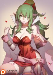 Rule 34 | 1girl, aged up, blush, breasts, cape, dress, fire emblem, fire emblem: mystery of the emblem, fire emblem awakening, garter straps, gloves, green eyes, green hair, hair ornament, hair over one eye, long hair, looking at viewer, nintendo, pink dress, pointy ears, ponytail, red dress, short dress, solo, songjikyo, strapless, strapless dress, thighhighs, tiki (adult) (fire emblem), tiki (fire emblem)