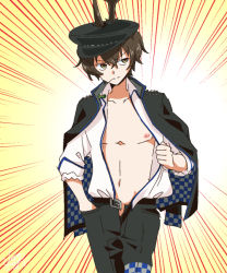 Rule 34 | 10s, 1boy, artist name, belt, brown hair, clothes pull, cowboy shot, emphasis lines, gakuran, green eyes, hand in pocket, hat, jacket, jacket on shoulders, kabutomoaki (show by rock!!), male focus, mouth hold, nipples, open belt, open clothes, open fly, open shirt, peaked cap, personification, school uniform, shikido (khf), shirt, shirt pull, show by rock!!, smile, solo, stalk in mouth, straw (stalk), unzipped