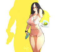 Rule 34 | 1girl, ^ ^, black-framed eyewear, black hair, bottle, breasts, closed eyes, commentary request, food, glasses, hand in own hair, highres, large breasts, legs together, long hair, midriff, navel, original, parted bangs, pink shorts, pink sports bra, puk (higanbana doujin), round eyewear, short shorts, shorts, solo, speech bubble, sports bra, sportswear, standing, thighs, watch, water bottle, whistle, whistle around neck, wristwatch