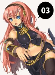 Rule 34 | 1girl, bad id, bad pixiv id, blue eyes, breasts, detached sleeves, covered erect nipples, female focus, headset, long hair, looking at viewer, megurine luka, midriff, nagase haruhito, nail polish, nipples, pink hair, purple nails, solo, thighhighs, vocaloid