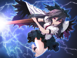 Rule 34 | 1girl, arm cannon, black hair, black wings, bow, brown hair, cape, chikado, colorized, electricity, female focus, hair bow, highres, lightning, long hair, nakajou, purple eyes, red eyes, reiuji utsuho, revision, shirt, skirt, smile, solo, third eye, torn clothes, torn shirt, touhou, weapon, wings