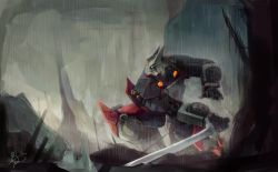 Rule 34 | 1boy, artist request, autobot, bad id, bad pixiv id, clenched teeth, drift (transformers), highres, male focus, mecha, no humans, rain, robot, ruins, science fiction, signature, solo, sword, teeth, the transformers (idw), transformers, weapon