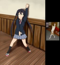 Rule 34 | 1girl, bad id, bad pixiv id, black hair, cat, glowing, glowing eyes, hypnosis, k-on!, md5 mismatch, mind control, nakano azusa, photo inset, reference inset, reference photo, school uniform, shoes, skirt, socks, twintails, uwabaki, watanore