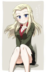 Rule 34 | 1girl, black skirt, blonde hair, blue eyes, blush, border, breasts, clara (girls und panzer), cleavage, closed mouth, collarbone, feet out of frame, girls und panzer, green jacket, grey background, highres, inoue kouji, jacket, long hair, looking at viewer, medium breasts, military, military uniform, miniskirt, pravda military uniform, shadow, simple background, sitting, skirt, smile, solo, translation request, uniform, white border