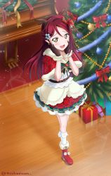 Rule 34 | 1girl, absurdres, bad id, bad pixiv id, boots, busterbeam, christmas, christmas tree, forehead, full body, gift, gloves, hair ornament, hairclip, half updo, hand on own cheek, hand on own face, highres, instrument, long hair, looking at viewer, love live!, love live! sunshine!!, open mouth, piano, red hair, sakurauchi riko, smile, solo, yellow eyes
