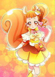 Rule 34 | 1girl, absurdres, boots, brown eyes, brown hair, choker, collarbone, cure custard, dress, earrings, elbow gloves, gloves, hairband, high ponytail, highres, jewelry, kirakira precure a la mode, knee boots, layered dress, lens flare, long hair, mitsuki tayura, orange choker, pleated dress, precure, short dress, side ponytail, solo, white gloves, yellow background, yellow dress, yellow footwear, yellow hairband