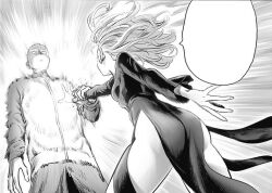 Rule 34 | 1boy, 1girl, arm grab, ass, bald, breasts, curly hair, dress, floating hair, from behind, greyscale, hip focus, hip vent, holding another&#039;s wrist, jacket, long sleeves, monochrome, murata yuusuke, no panties, official art, one-punch man, saitama (one-punch man), shorts, small breasts, tatsumaki, thighs, wide hips