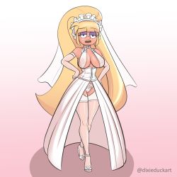 Rule 34 | 1girl, absurdres, aged up, artist name, bare shoulders, blonde hair, blunt bangs, breasts, bridal gauntlets, bridal gloves, bridal legwear, bridal veil, cleavage, crossed legs, dixieduckart, dress, elbow gloves, eyeshadow, facing viewer, full body, gloves, gradient background, gravity falls, half-closed eyes, hands on own hips, high heels, high ponytail, highres, large breasts, long hair, looking at viewer, makeup, medium breasts, no bra, open shoes, pacifica northwest, panties, pink background, purple eyeshadow, revealing clothes, see-through, sidelocks, simple background, solo, standing, thighhighs, underwear, veil, very long hair, wedding dress, white footwear, white gloves, white panties, white thighhighs