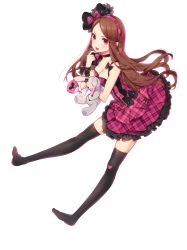 Rule 34 | 1girl, absurdres, bittersweet (dalcoms), black thighhighs, blush, breasts, brown hair, choker, cleavage, dress, full body, hairband, heart, highres, idolmaster, idolmaster (classic), long hair, looking at viewer, minase iori, open mouth, red eyes, simple background, small breasts, solo, stuffed animal, stuffed rabbit, stuffed toy, thighhighs, white background, zettai ryouiki