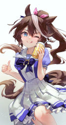 Rule 34 | 1girl, :q, animal ears, blouse, blue bow, blue bowtie, blue dress, blue eyes, bow, bowtie, breasts, brown hair, cup, dress, feet out of frame, gradient background, hair between eyes, hair ribbon, hand up, highres, holding, holding cup, horse ears, horse girl, horse tail, light blush, long hair, looking at viewer, medium breasts, multicolored hair, one eye closed, petticoat, pink ribbon, pleated skirt, ponytail, puffy short sleeves, puffy sleeves, purple shirt, ribbon, shirt, short sleeves, simple background, skirt, solo, streaked hair, syuri22, tail, thumbs up, tokai teio (umamusume), tongue, tongue out, umamusume, very long hair, white background